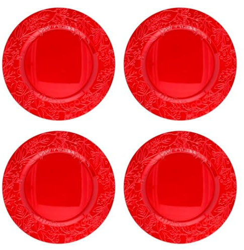 Acan Tradineur - Pack de 4 Bajoplatos Redondos Navideños Reutilizables - Diseño de Muérdago - Fabricado de plástico - Ideal para presentaciones de Dulces, Pasteles, etc. - Ø 33 cm - Color Rojo