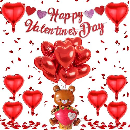 Valentine's Day Decorations Set, 10 x 18 Red Love Heart Balloons, 1 x Valentines Teddy Bear Balloon and 500 x Petals for Valentines Decorations