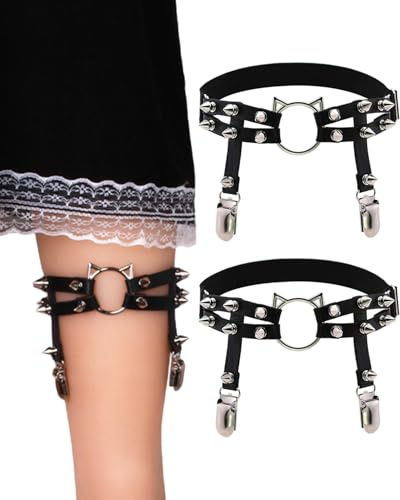 NewBull 2Pcs Women's Leather Thigh Garters Adjustable Leg Garter with Metal Clips Punk Goth PU Thigh Harness Black Suspenders Anti Slip for Thigh-high Socks Bondagewear Cage Belt