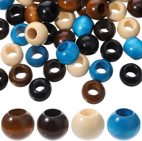 60Pcs Barrel Wooden Beads Large Hole Wooden Bead for Crafts Beads for Hair Round Big Holes Natural Wood Hair Bead Vintage Spacer for Macrame, Necklace, Bracelet