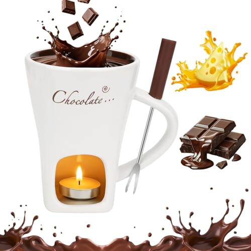 ORIZMA Schokofondue Tasse fondueset schokobrunnen130ml-Schokoladen Fondue Becher Set Keramik Schokoladenfondue Set mit Gabel (Weiß)