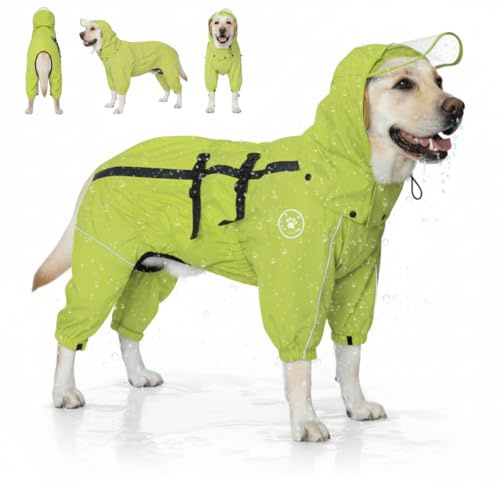 Wasserdichter Hunderegenmantel Leichter hundepullover mit integrierten beinabschlüssen und Abnehmbarer Kapuze, wasserdichter Regenmantel für mittel große Hunde Windjacke (Gelb, XL)
