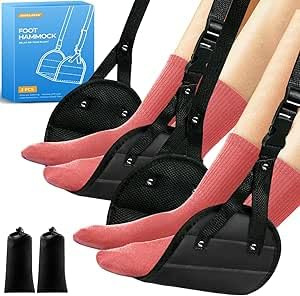 Verstellbare Flugzeug-Fuß-Hängematte, tragbare Beinstütze mit abnehmbarem Kissen, ergonomische Unterstützung für Reisen, Auto und Zuhause, 2 Stück (Schwarz)