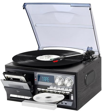 Vinylskivspelare skivspelare med Bluetooth, inbyggda högtalare, 3 hastigheter, retrodesign, CD- och kassettspelare, dammskydd, perfekt för hemunderhållning