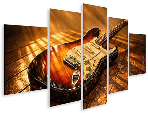islandburner Bild auf Leinwand Elektrische Gitarre auf Holzuntergrund mit dramatischer Beleuchtung - 5-teilig