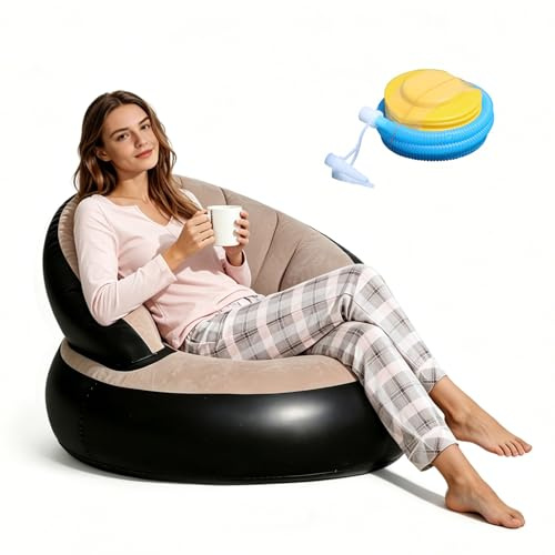 Chingcoo Uppblåsbar soffa med fotpump, uppblåsbar luftsoffa, 77 × 77 × 58 cm, uppblåsbar soffa, flockad, uppblåsbar fåtölj för vardagsrum, balkong, trädgård, camping, utomhus, inomhus, soffa