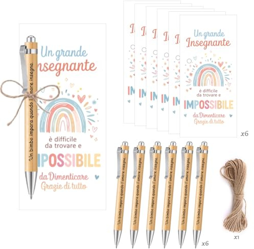 Set Regalo per Insegnanti,6 Penne a Sfera in Legno,6 Biglietti di Ringraziamento e Spago in Juta Naturale,Idee Regalo Fine Anno Scolastico-Idea Regalo Insegnanti, Maestre e Ufficio