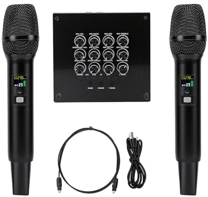 TIKATARER Microfono Wireless, regime Professionale per Karaoke Doppio UHF in Metallo con Equalizzatore Integrato e Suono Cristallino, per Scheda, Altoparlante, Amplificatore