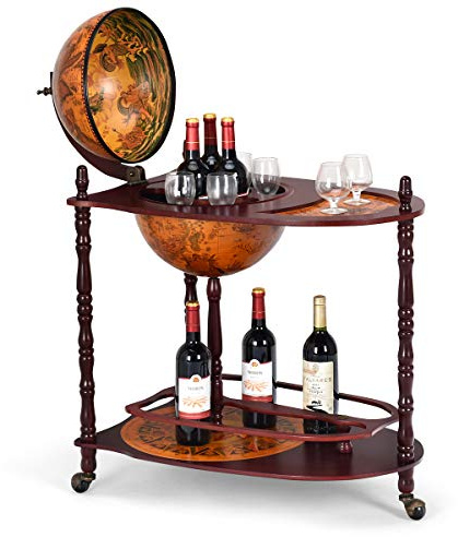 COSTWAY Bar Globe Terrestre Vintage Mappemonde en Bois d'Eucalyptus avec Roulette pour Stocker Bouteilles et Verres Porte-Bouteilles 16e Siècle