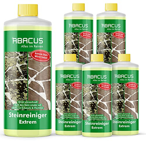 ABACUS® Steinreiniger Extrem, intensiver Steinreiniger für außen mit Sofortwirkung, entfernt sofort Schmutz, Grünbelag, Flechten & Algen auf Steinen in Minuten, Steinreiniger Intensiv außen 6x 1000ml