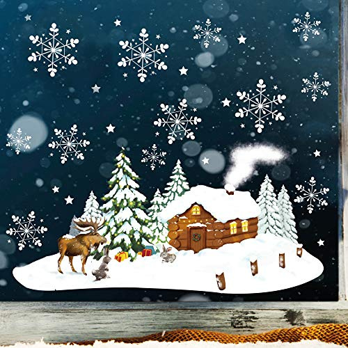 Wandtattoo Loft Fensterbilder Weihnachten Winterhäuschen und Schneeflocken – Wiederverwendbar – A4 Bogen – Weihnachstdeko Fenster Kinderzimmer, Weihnachtsbilder Fenster, Fensterbild Winter