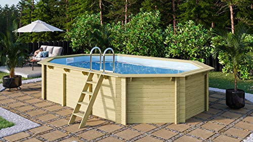 Trend Piscine en bois octogonale longue 610 x 400 x 124 cm Housse intérieure bleue
