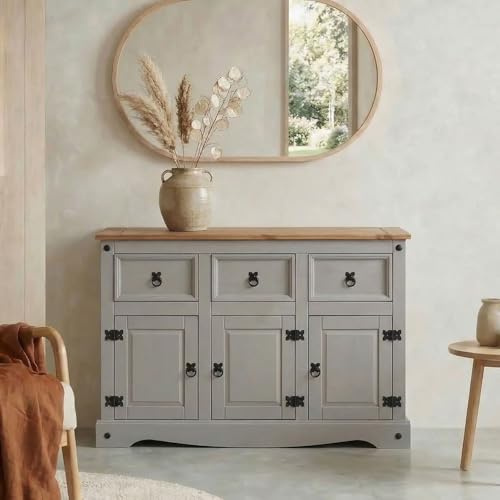 IDIMEX Buffet Salle à Manger Ramon L 125 cm en Bois Massif Gris et Brun, Meuble de Rangement Adulte 3 tiroirs et 3 Portes avec poignées en métal, Commode bahut Style Mexicain Maison de Campagne