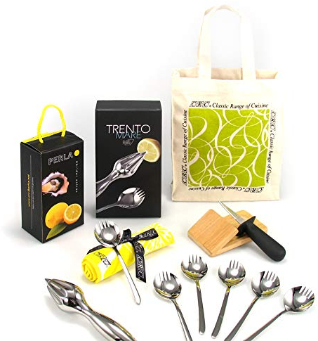 FranquiHOgar - Set de Ostras Premium 7 Piezas - Cuchillo Abridor, Taco de Madera, 6 Cucharas/Tenedores de Acero Inoxidable, Exprimidor, Toalla para Manos, Plateado, Metal