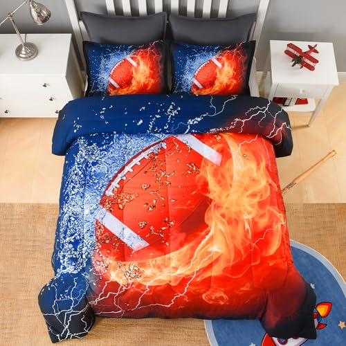 Andency 3D Football Comforter Queen(90x90 Inch), 3 Pieces(1 Football Comforter, 2 Pillowcases) Rugby Sport Polyester Bedding Set for Boys Kids Teens