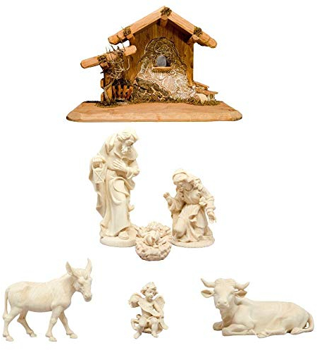 Juego de belén tradicional con establo, figuras de belén, regalos religiosos católicos cristianos, suministros de iglesia, pesebre de la familia sagrada (10 cm, 7 unidades), color natural