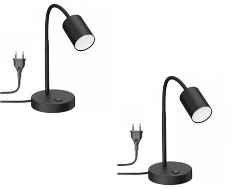 ledscom.de 2x Tischleuchte WAIKA mit Schwanenhals und Schalter schwarz matt, inkl. GU10 LED Lampe (warmweiß, 4,914W, 450lm, 100°)