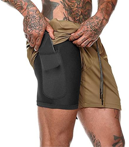 Män Sportshorts 2 i 1, löparshorts, mesh, 4 fickor, snabbtorkande, för sommaren, kaki, XL