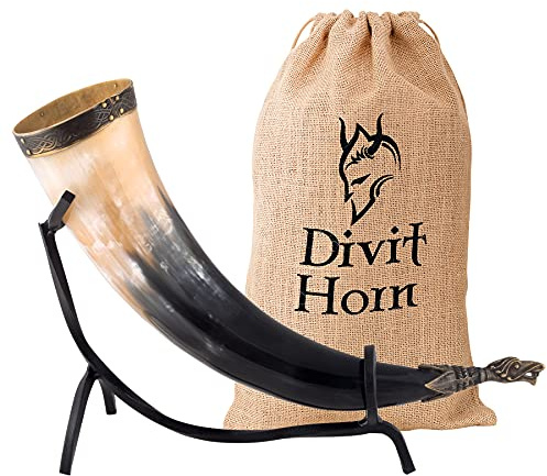 Divit - Cuerno para Beber con Soporte de Hierro, auténtico Cuerno Medieval para Beber Cerveza | Adornos de latón y Saco de Regalo de arpillera Incluido | Capacidad de 16 oz (400-500 ml)