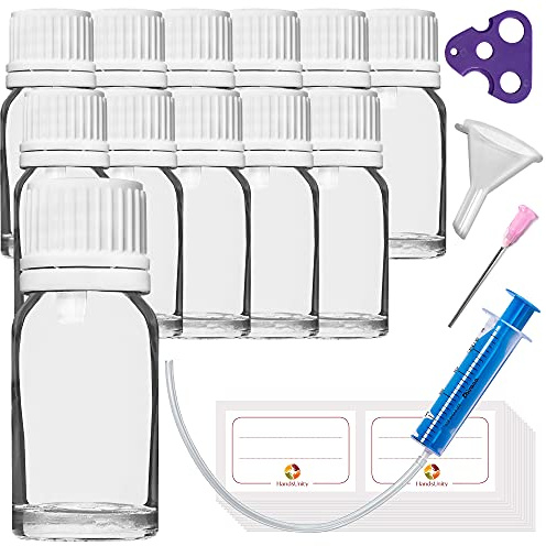 HandsUnity 10ml-12Stk Tropfereinsatzflasche - kleine Klarglasflasche Apothekenglas-Set mit weißem Tropfereinsatzkappe aus transparentem Glas Inklusive 30 Hilfsmittel