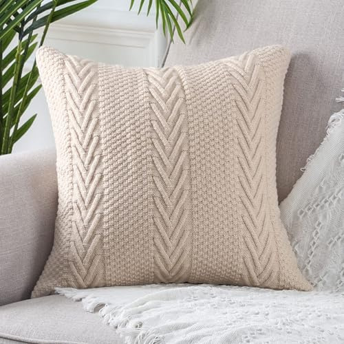 Mandioo Baumwolle gestrickte Beige dekorative Wurf Kissenbezüge Weiche Gemütliche Zierkissenbezug Luxus Moderne Dekorativ Couchkissen Kissenhüllen für Sofa Couch Wohnzimmer 40x40 cm