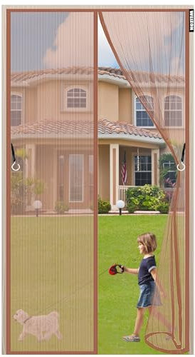 MagnéTique Moustiquaire 170 x 190 cm Aimants Ultra Seal,Fermeture Automatique,Montage Facile,pour Porte d Entrée Intérieur/Patio/Coulissante,Sûr pour Enfants - Marron