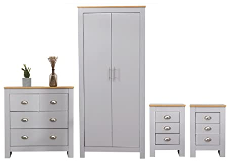Kingwudo® Grey Bedroom Furniture 4 Piece Set(3 Drawers Bedside Table*2; 2+2 Drawers Chest; 2 Door Wardrobe) Modern Storage Wardrobe and Chest of Drawers Set
