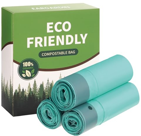 Biodegradable drawstring trash bags, 4 Gallon, 100% Compostable garbage bags wastebasket liners bags for kitchen bathroom office garden,US BPI ASTM D6400 and Europe OK Compost Home Certified