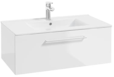 Lomadox Waschtisch, 80 cm breit, in weiß Hochglanz lackiert mit Metallgriff in weiß und Keramikwaschbecken, B/H/T ca. 80/32/46 cm