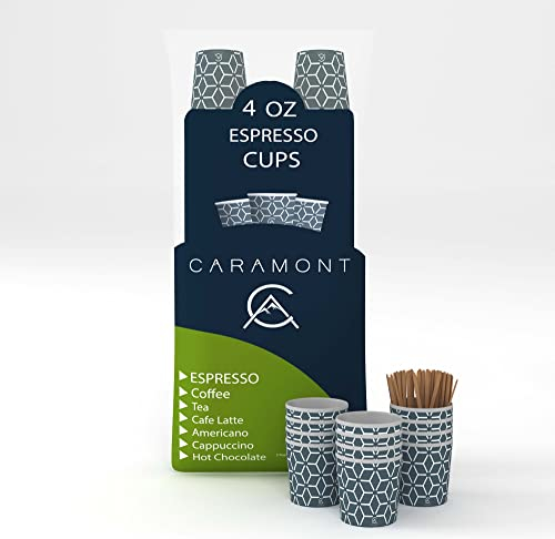 Caramont,4 Oz 200 Espresso Gobelets en Carton avec Agitateurs en Bois,Écologique et Jetables,Résistant à la Chaleur,Carton de Qualité,Idéal pour Toutes Les Boissons Chaudes ; Café,Thé,Chocolat etc.