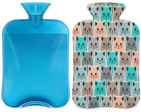 Wärmflasche mit niedlichem Tier-Katzen-Muster, mit Bezug, 2 l, niedliche Katzen-PVC-Wärmflasche für Hand-Fußwärmer, Schmerzlinderung, Wärmekompresse und Kältetherapie