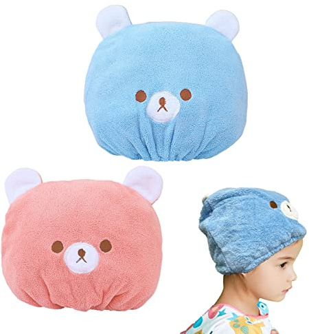 TSHAOUN 2 Pieces Bath Caps, Absorbent Hair Drying Wrap Towel, Cute Bear Embroidery Coral Velvet Wet Kids Hair Dry Turban Wrap Quick Dry Head Towel Cap For Women and Girls (Pink and Blue)