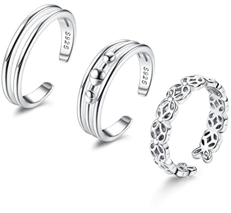 Sllaiss 925 Sterling Silver Toe Ringar för kvinnor 3 st Band Toe Rings Set Vitguld Justerbara Tåringar Knut Star Moon Pärlor Öppen Tå Ringar Sommar Fot Smycken Set B