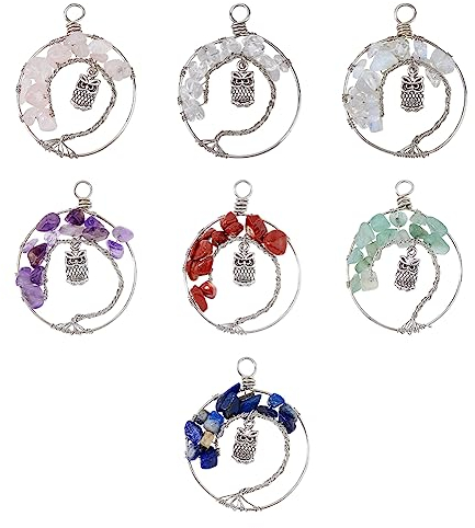 SUPERFINDINGS 7 Pz 7 Stili Ciondolo Ciondolo Gufo in Lega Albero della Vita Ciondolo Avvolto in Filo di Rame Ciondolo Ciondolo Perline di Pietra Preziosa Pendenti Argento Ciondolo Charms Foro:4~5mm