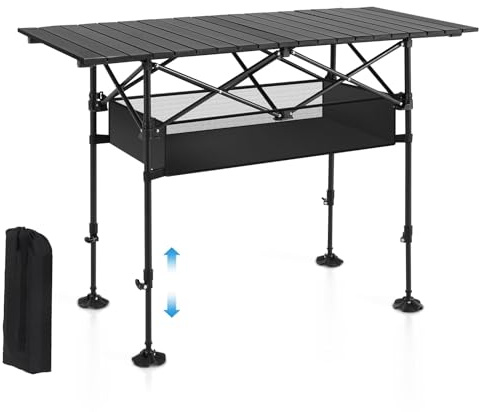 ALPHA CAMP Folding Camping Table, Portable Roll-up Table with Adjustable Height, Large Storage Bag and Carrying Bag, Tall Aluminum Table for Indoor & Outdoor Picnic BBQ Backyards Beach