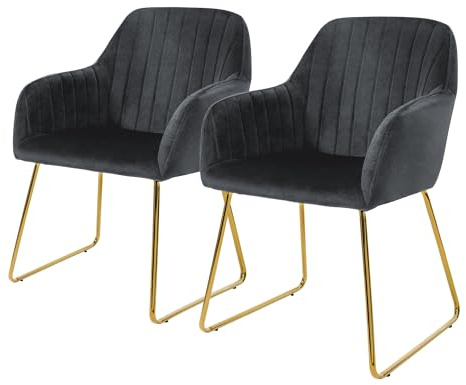 ML-Design Set de 2 Chaises de Salle à Manger, Gris, Assise Rembourrée en Velours, Pieds Dorés en Métal, avec Dossier et Accoudoirs Ergonomiques, Fauteuil Moderne de Salon Bureau Chambre Cuisine