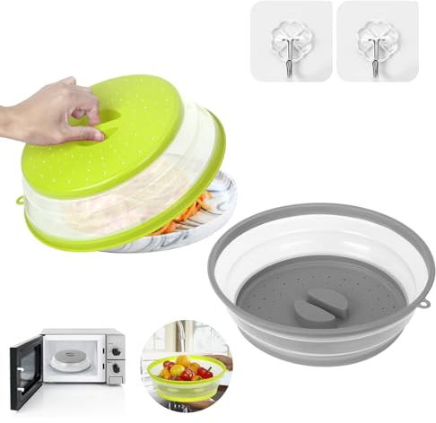 Sosayet Colador 2 en 1 Plegable - Tapa Microondas con Ganchos - Para Escurrir Pasta y Enjuague Frutas y Verduras (Verde + Gris)