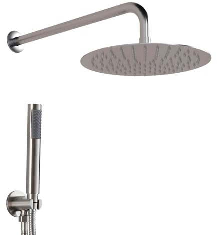 Set doccia satinato con braccio 35 cm soffione 30 cm e kit doccia con doccino in ottone, presa acqua e supporto, GEMINI