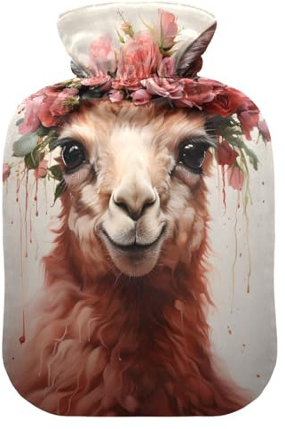 Niedliche Alpaka mit rosa Rosen Wärmflasche und Bezug weich warm für Winterbett Hand Hals und Schultern 1L