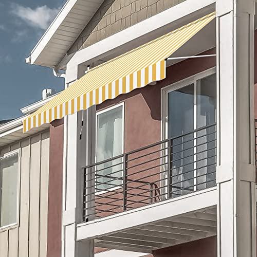 Fiqops Klemmmarkise Markise Balkon 300cm Breit, Balkonmarkise Handkurbel höhenverstellbar ohne Bohren, UV-beständig Sonnenschutz wasserdicht für Terrasse Balkon Veranda, Gelbe-Weiße