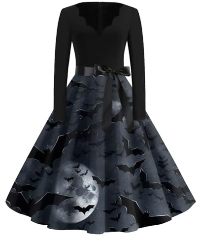 JKJFJKA Damen Halloween Kostüme 2024 Sexy V Ausschnitt Lang Ärmel Cosplay Party Kleiderd Glücklich Halloween Druck Cocktail Schaukel Kleid Dunkelgrau L Halloween Sexy Costume Halloween Costum