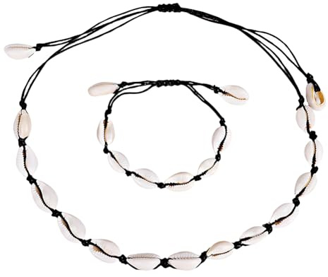 FSSTUD Lot de 2 colliers et bracelets réglables en coquillages bohèmes faits à la main pour homme, femme, fille - Noir