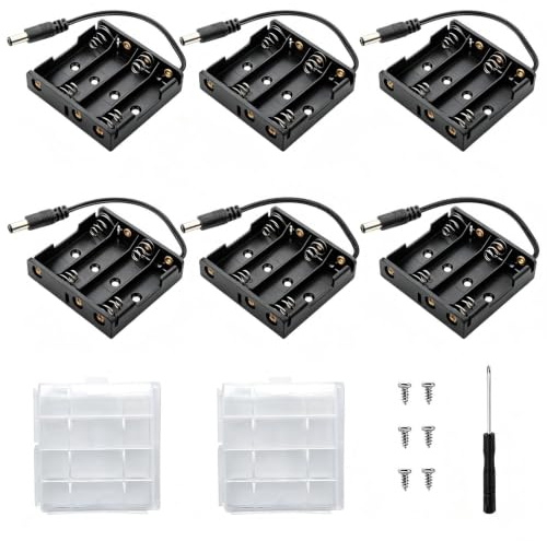 VISSQH 6 Pièces AA Support de Batterie,4 x 1.5V Support de Batterie,6V Battery Holder Box Case,AA Boîte à Piles en Plastique avec Prise DC(Noir)