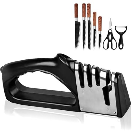 Professional 4-Stage Knife Sharpener, Manual Blade Sharpeners, Tungsten Steel Material, Knife Sharpener & Scissor Sharpeners with Non-Slip Base, Kitchen Knife Sharpeners for Scissors and Fruit Knife