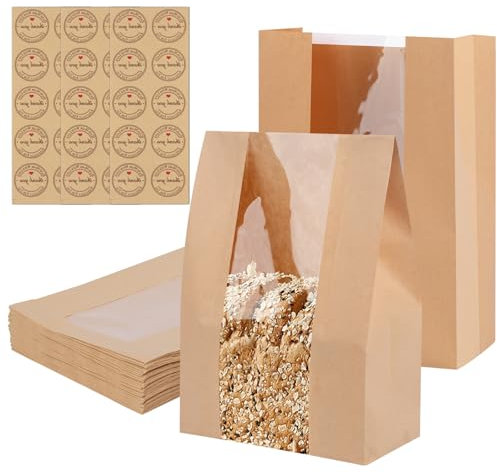 ECOSEAO Small Paper Bread Bags for Homemade Bread, 30PCS Bread Bags with Window, Small Sourdough Bread Bag, Kraft Bakery Bag for Candy, Biscuits(23 x 12 x 5 cm)