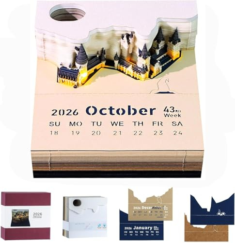 2026 Desk Calendar with LED Light, Calendrier de Bureau 3D, avec lumière LED, Calendriers créatif en forme de château magique, 2026 Calendar Memo Pad pour Décorations de Bureau