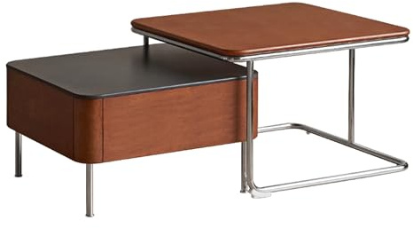 YESWOOD Massivholz Couchtisch 2 Set mit großem Stauraum, quadratischer Beistelltisch 2er Set, Kombinierbar, im Bauhaus-Stil, Tischplatte aus Keramik, für Wohnzimmer, Gummiholz in Walnussfarbe