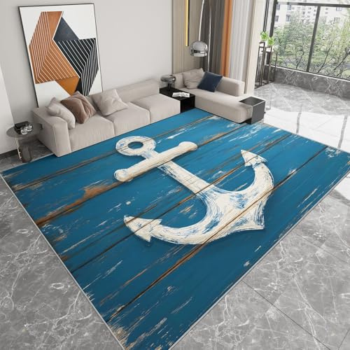 Vintage Stil Waschbar Wohnzimmer Teppich 60 x 90 cm, Abgenutzt Blau Holz Streifen Flauschig Teppich Schlafzimmer Kurzflor für Kinderzimmer Bettvorleger Spielzimmer - rutschfest Teppichläufer