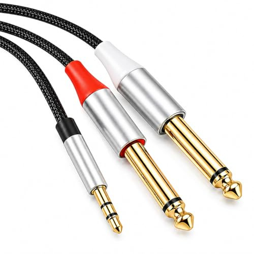 JiangZShangM 3.5mm to 6.35mm Stereo Y-Splitter Cable 1 m, 1/8’’ Stereo TRS to Dual 1/4’’ Mono TS Mini Jack to Jack Breakout Lead Audio Cable for Phones, Mixers, Speakers, Amps and Home Audio Systems