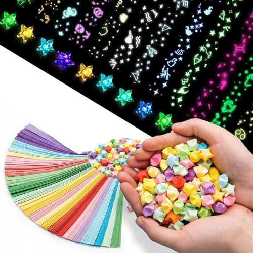 hankousi 510 hojas de estrellas de papel de origami que brillan en la oscuridad, tiras de papel luminosas de color degradado para decoración de estrellas de la suerte y manualidades